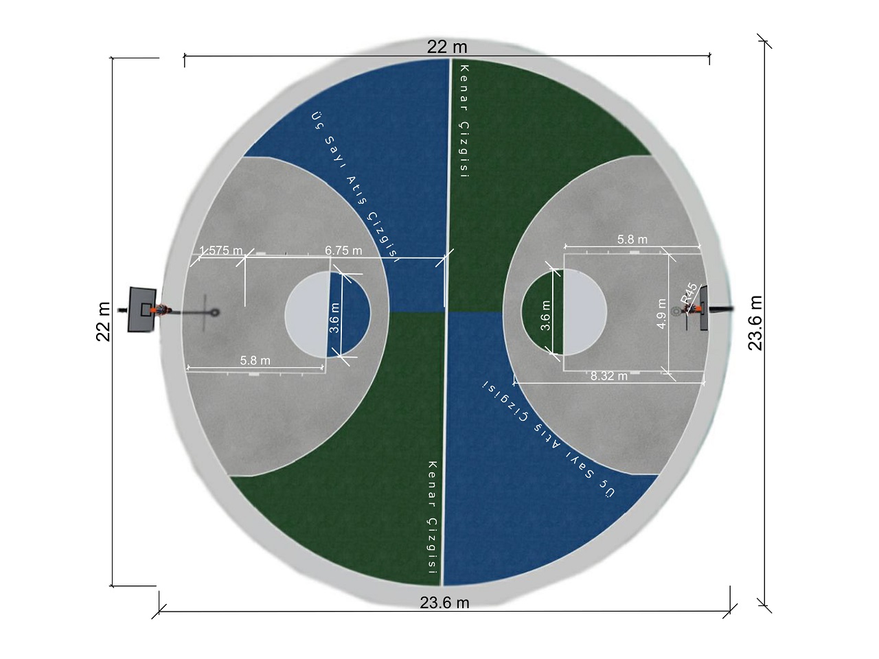 Spor Sahaları & Çok Amaçlı Spor Sahaları Yapımı / İki Potalı Daire Basketbol Sahası - 60120 Teknik Resim