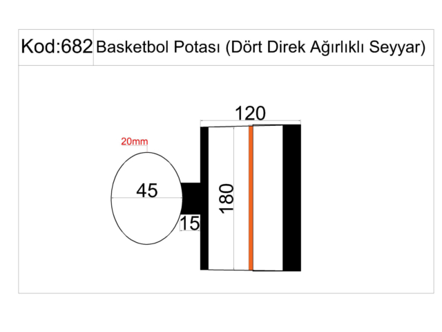 Basketbol Sahası Ekipmanları / Dört Direk Ağırlıklı Seyyar-Ön Korumalı Basketbol Potası Cam Panyalı(105x180)- 60297 Teknik Resim