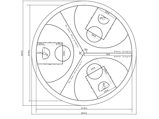 Spor Sahaları & Çok Amaçlı Spor Sahaları Yapımı / Üç Yönlü Daire Basketbol Sahası - 60124 Teknik Resim