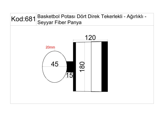 Basketbol Sahası Ekipmanları / Dört Direk Ağırlıklı Seyyar-Ön Korumalı Basketbol Potası Fiber Panyalı(105x180) - 60296 Teknik Resim